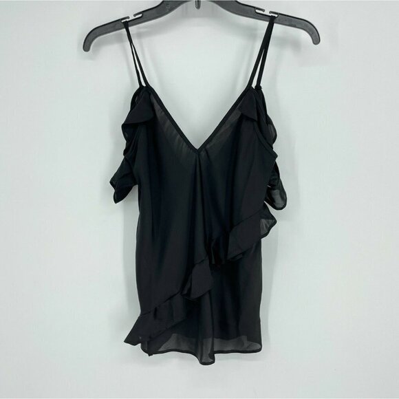 ASOS Tank Top Women's Sz 4 Black V Neck Cold Shoulder Cami Ruffle Strappy Blouse - Picture 1 of 6